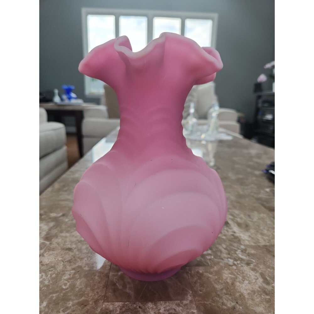 VTG Fenton Rose Pink Satin Vase 8" Ruffle Drapery Art Glass Mid‑Century